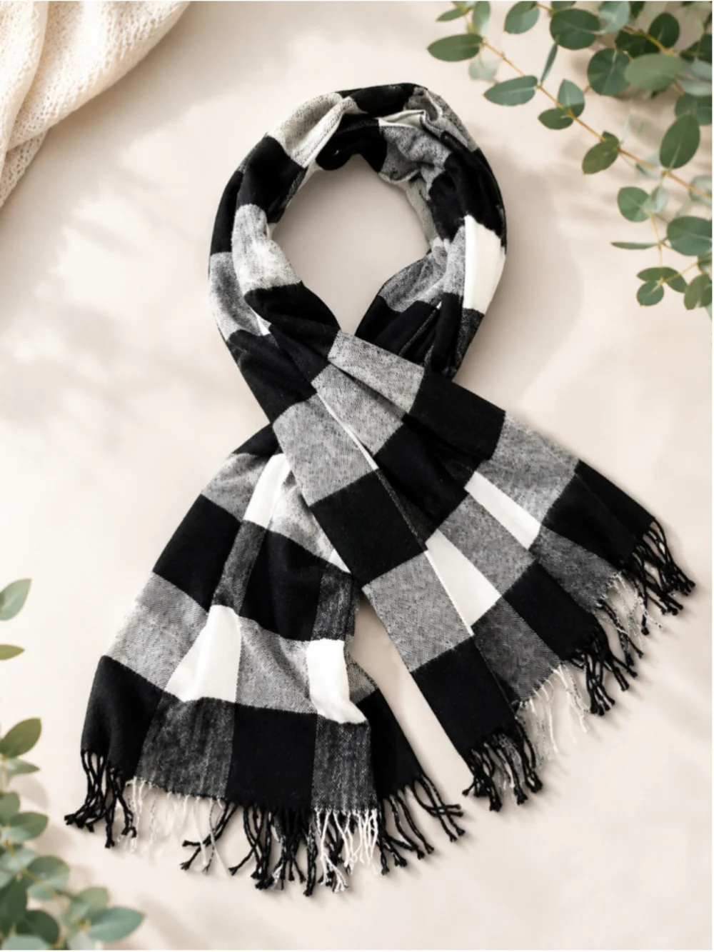 New Black & White Buffalo Plaid Fringe Scarf – Unisex – 72” x 12”